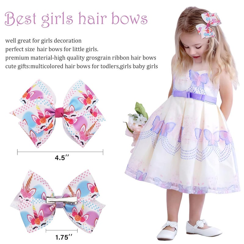 CellElection 24PCS 4.5Inch Bows for Girls Boutique Grosgrain Ribbon Rainbow Hair Bow Alligator Hair Clips Pigtail Bows Unicorn Hair Clips for Baby Girls Toddler Kids Children Teens in Pairs - Image 2